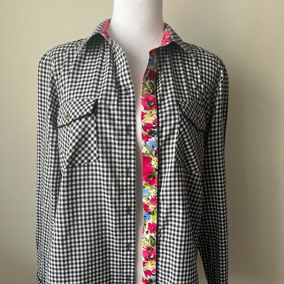 🖤Jones New York signature Gingham  Black and white button up shirt Sz M - Picture 2 of 12